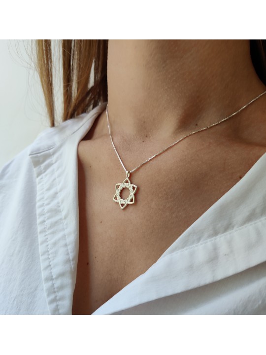 Small Swirly Magen David Pendant with Hearts , Sterling Silver Family