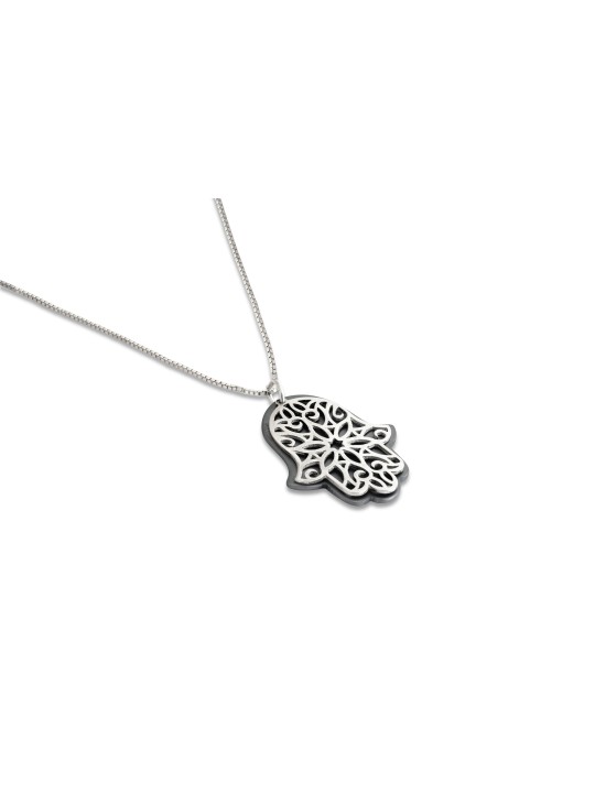 Large Aluminum and Silver Hamsa Pendant , Sterling Silver Family Neckl