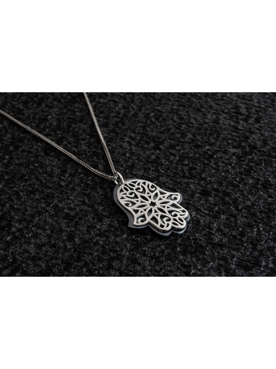 Large Aluminum and Silver Hamsa Pendant , Sterling Silver Family Neckl
