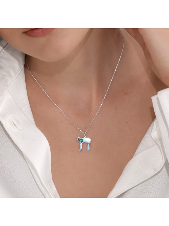 Beautiful Big Silver Chai Pendant with Teal Enamel , Chai Jewelry , Is