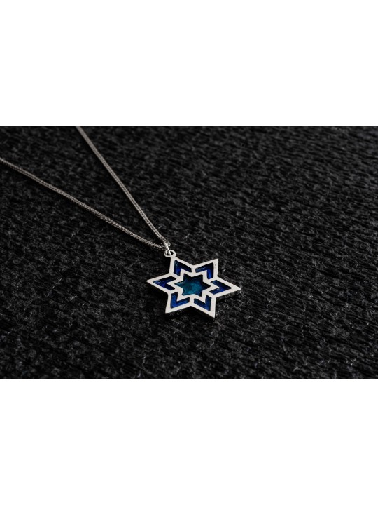 Large Star of David Necklace with Enamel , Sterling Silver Family Neck
