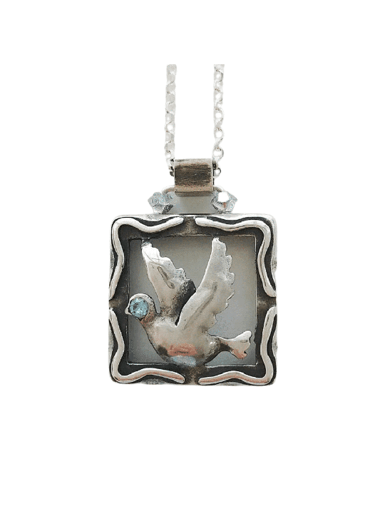 Hollow Square Sterling Silver Dove Pendant , Sterling Silver Family Ne
