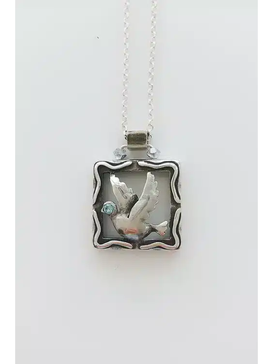 Hollow Square Sterling Silver Dove Pendant , Sterling Silver Family Ne