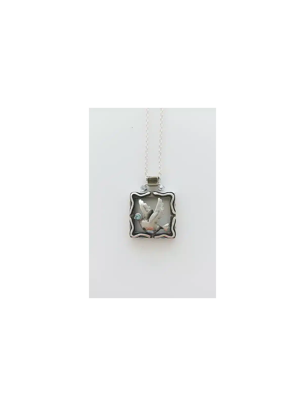 Hollow Square Sterling Silver Dove Pendant , Sterling Silver Family Ne