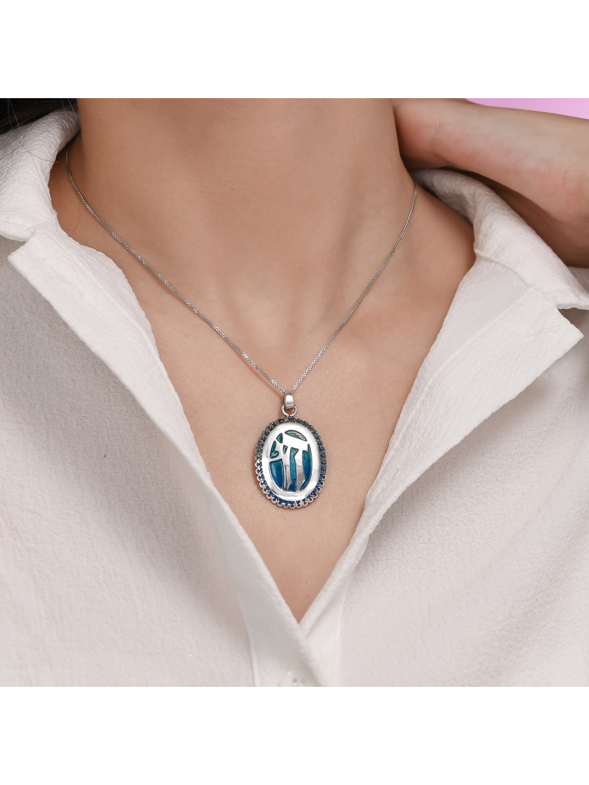 Oversized Vintage Style Blue Enameled Chai Necklac , Jewish Filigree J