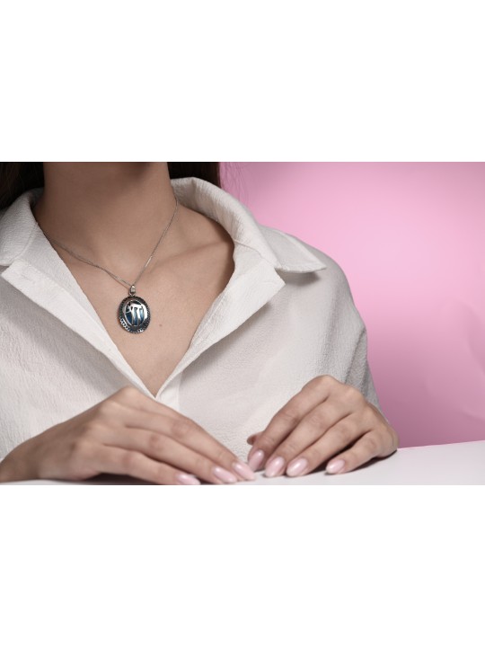 Collier Chai émaillé bleu de style vintage surdimensionné, filigrane juif J