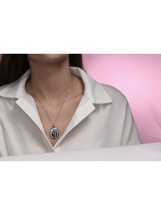Oversized Vintage Style Blue Enameled Chai Necklac , Jewish Filigree J