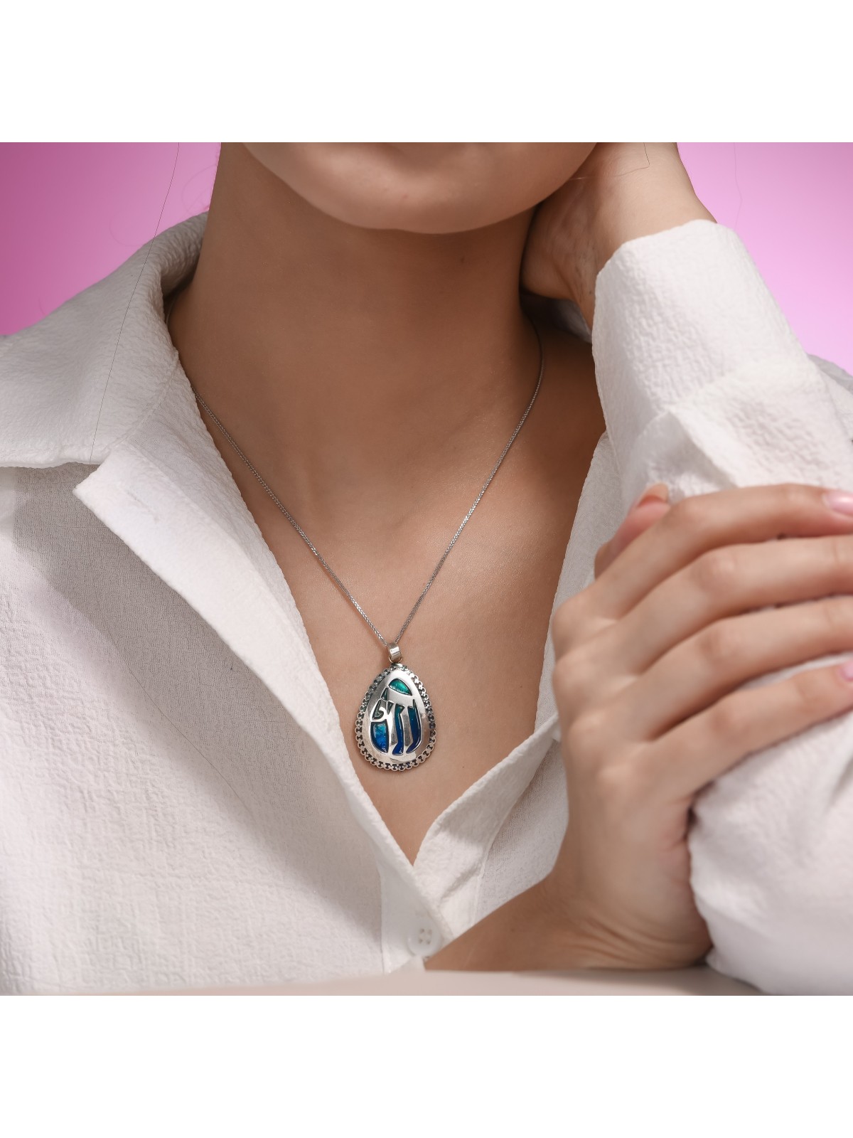 Big Drop-Shaped Silver and Enamel Chai Pendant wit , Jewish Filigree J