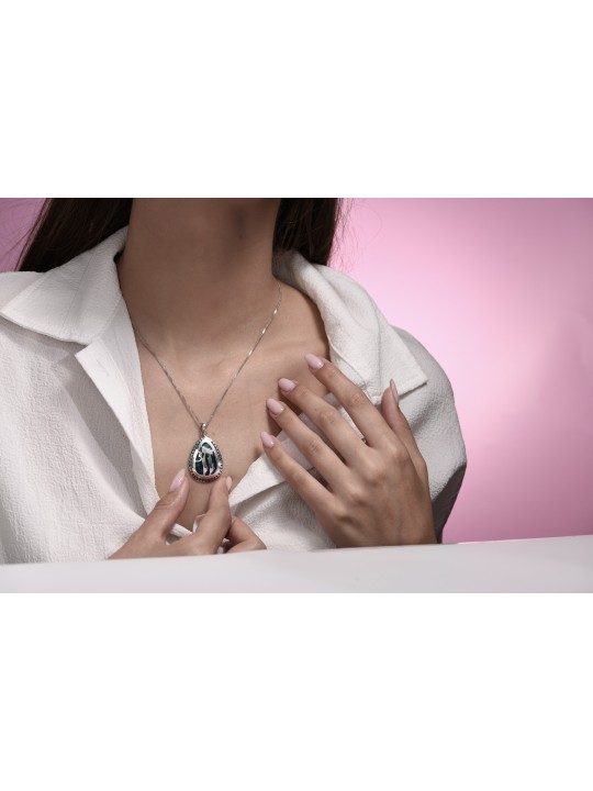 Big Drop-Shaped Silver and Enamel Chai Pendant wit , Jewish Filigree J