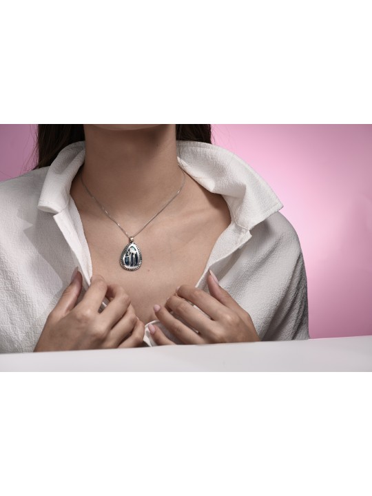 Big Drop-Shaped Silver and Enamel Chai Pendant wit , Jewish Filigree J