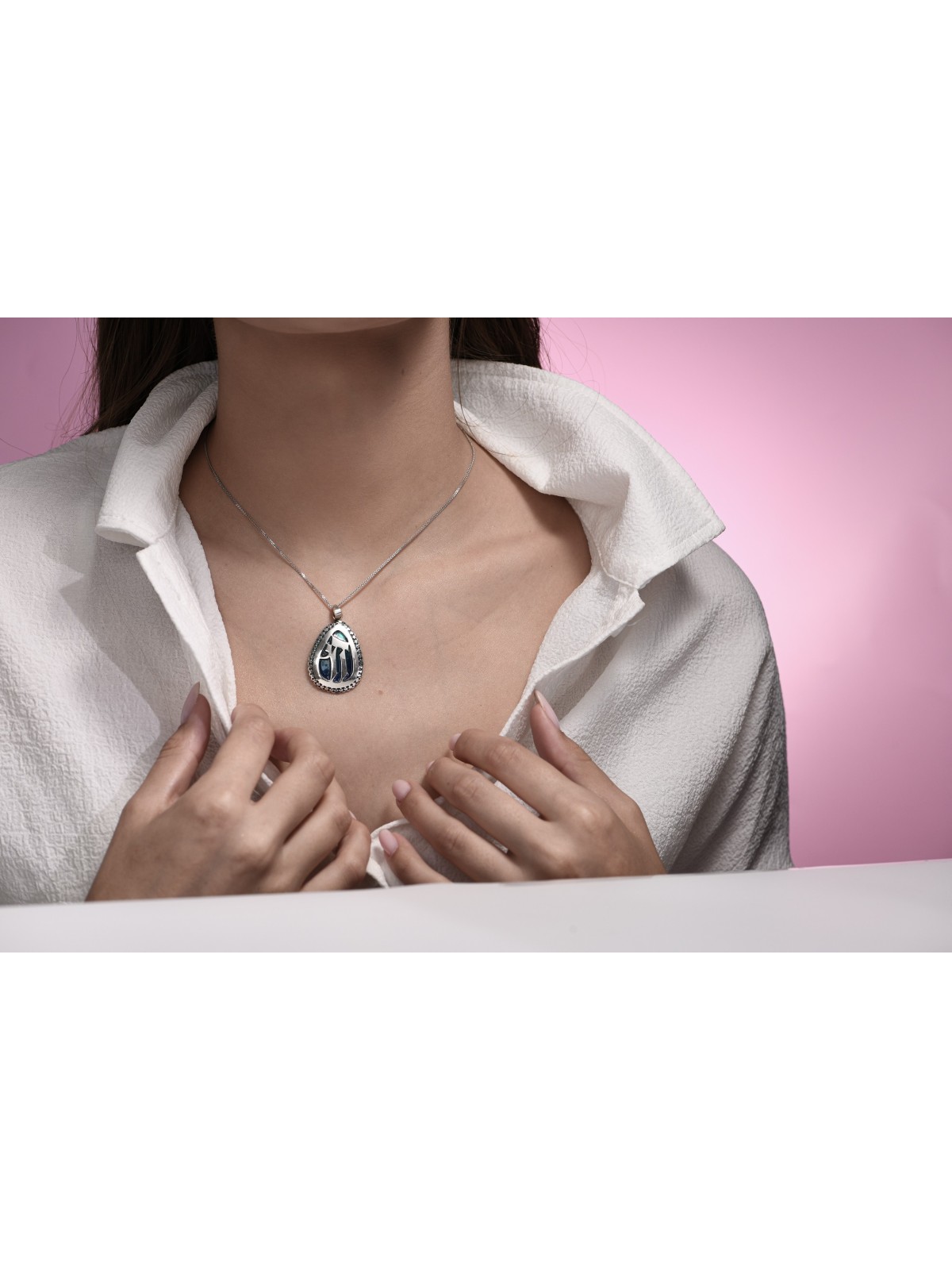 Big Drop-Shaped Silver and Enamel Chai Pendant wit , Jewish Filigree J