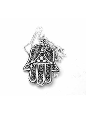 Élégant pendentif en argent Hamsa avec filigrane, bijoux juifs en filigrane,