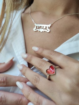 Delicate Ring with Heart in Enamel , Tu B'Av Gifts , Israeli Judaica