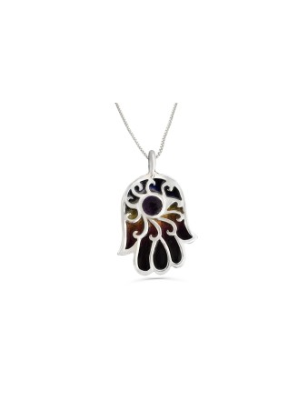 Collier Hamsa en argent émaillé avec pierre d'améthyste, argent sterling F