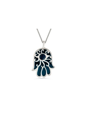 Hamsa Silver Necklace with Lapis Lazuli Stone , Sterling Silver Family