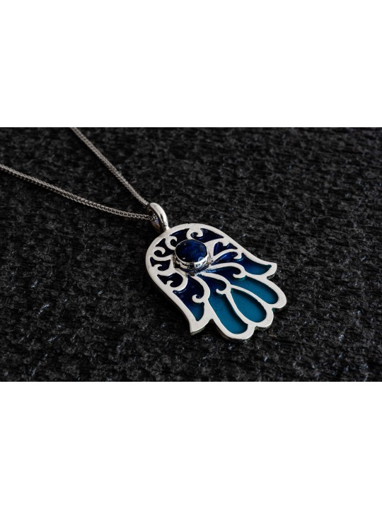 Collier en argent Hamsa avec pierre Lapis Lazuli, famille en argent sterling