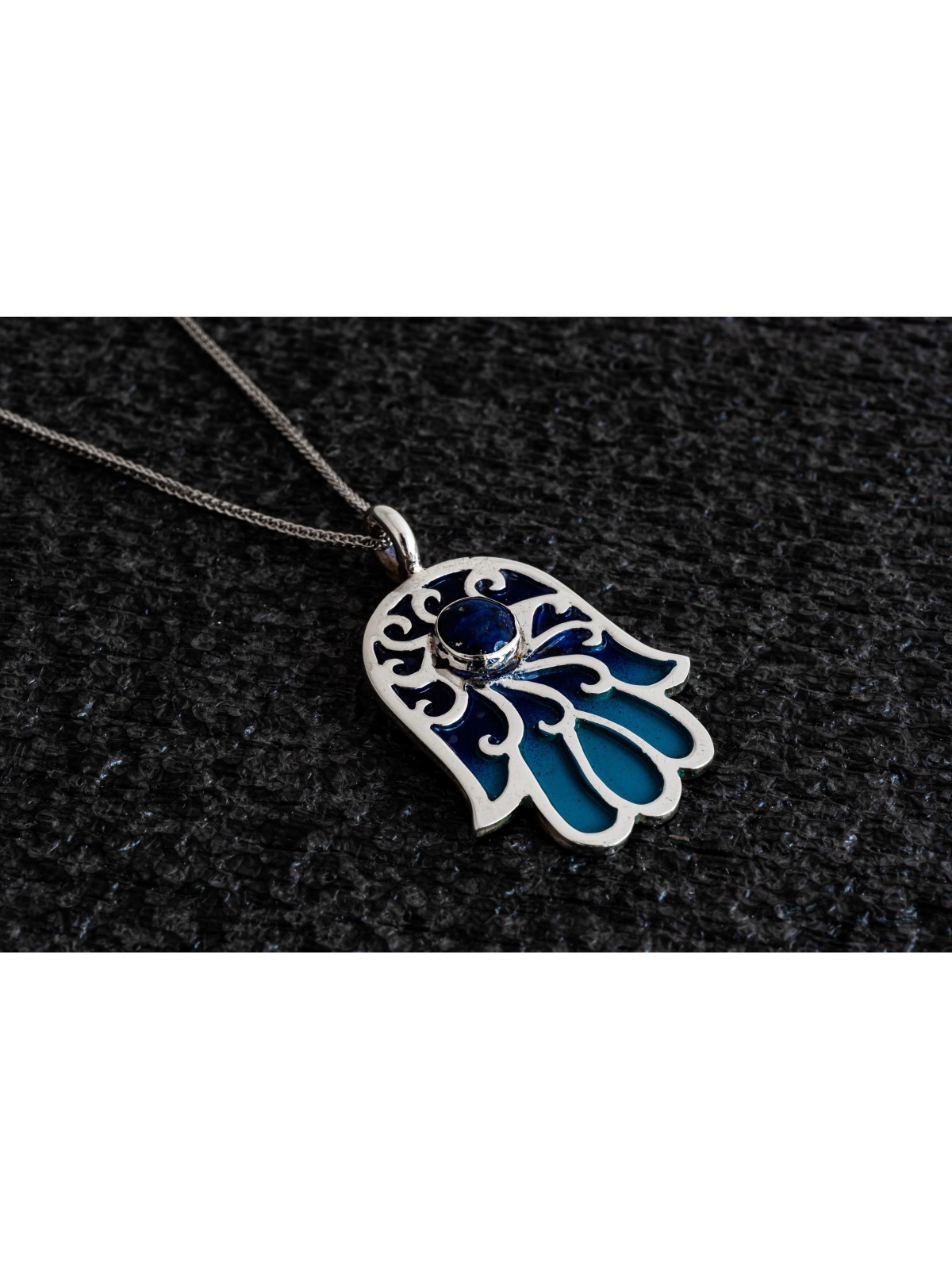 Hamsa Silver Necklace with Lapis Lazuli Stone , Sterling Silver Family