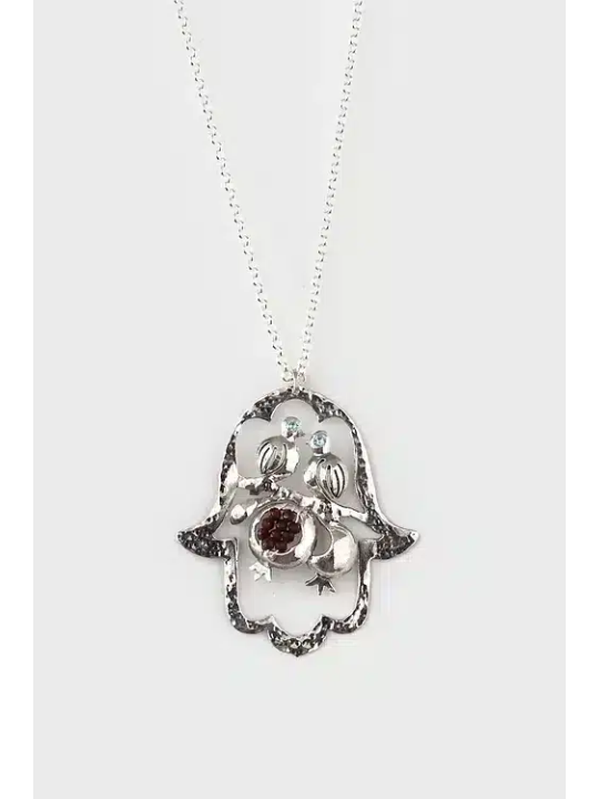 Hamsa Cut-Out Pendant with Two Birds , Sterling Silver Family Necklace