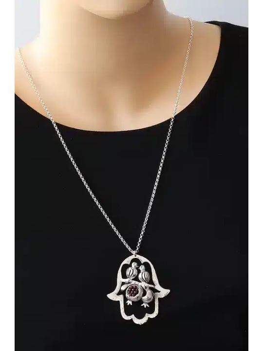 Hamsa Cut-Out Pendant with Two Birds , Sterling Silver Family Necklace