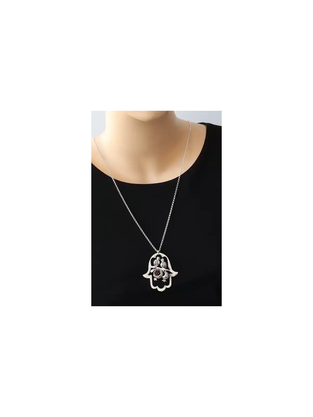 Hamsa Cut-Out Pendant with Two Birds , Sterling Silver Family Necklace