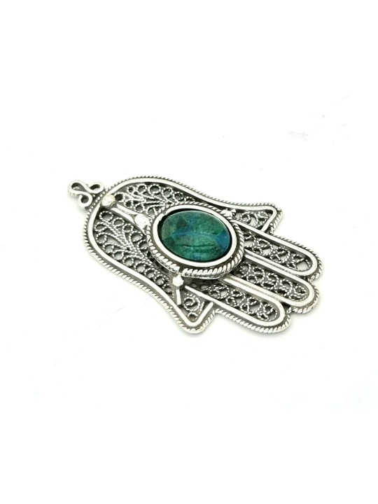 Hamsa Pendant Charm Featuring an Eilat Stone , Jewish Filigree Jewelry
