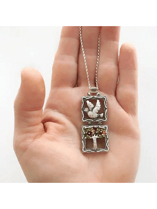 Dove and Tree Silver Mobile Pendant , Sterling Silver Family Necklaces