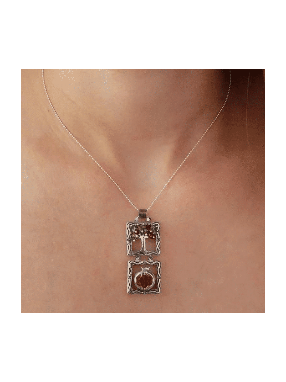 Tree and Pomegranate Silver Vertical Pendant , Sterling Silver Family