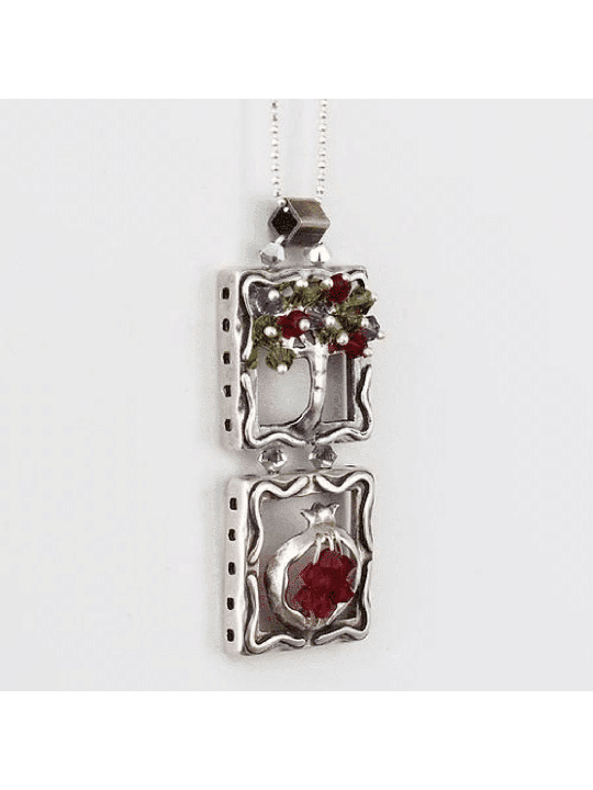 Pendentif vertical en argent arbre et grenade, famille en argent sterling