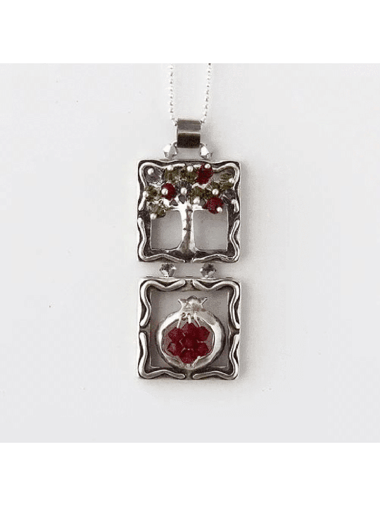 Pendentif vertical en argent arbre et grenade, famille en argent sterling