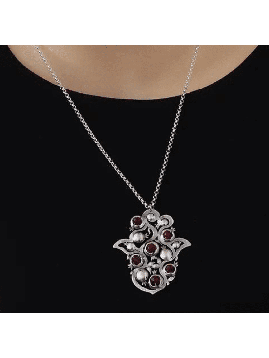 Huge Size Hamsa Shaped Silver Pendant with Pomegra , Sterling Silver F