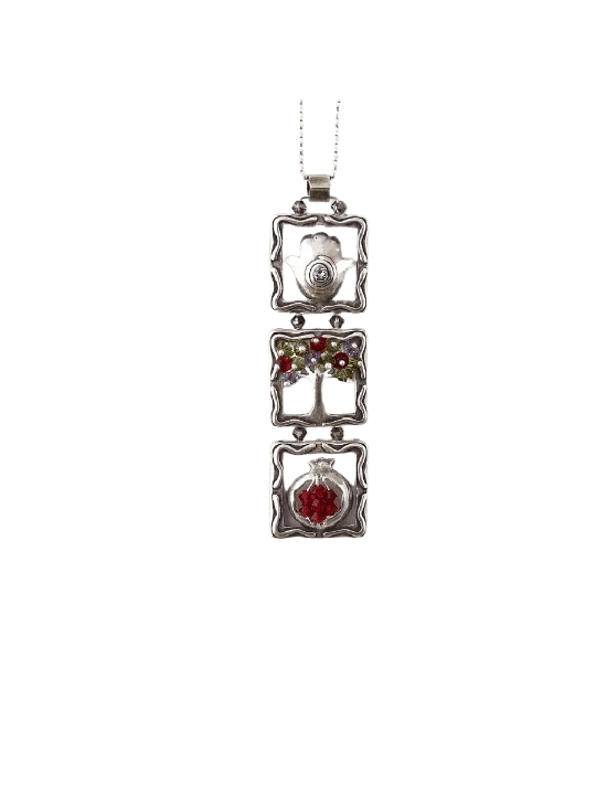 Tree, Hamsa and Pomegranate Silver Vertical Pendan , Sterling Silver F