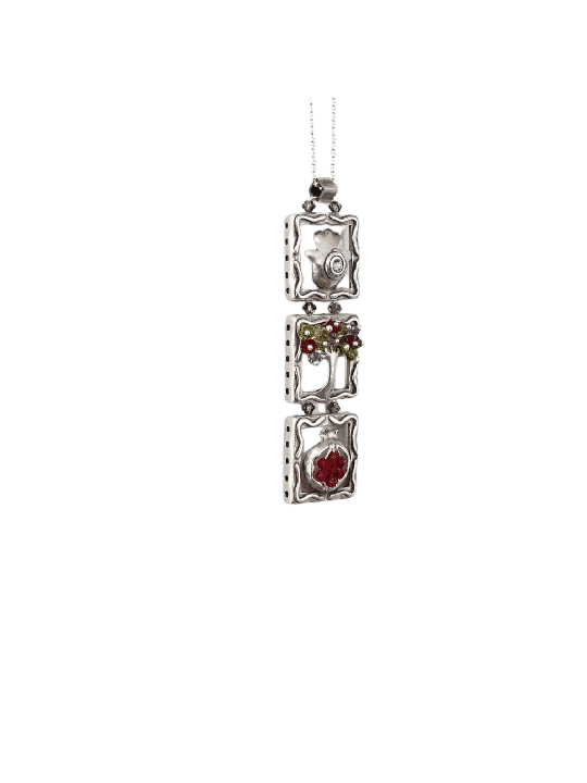 Tree, Hamsa and Pomegranate Silver Vertical Pendan , Sterling Silver F