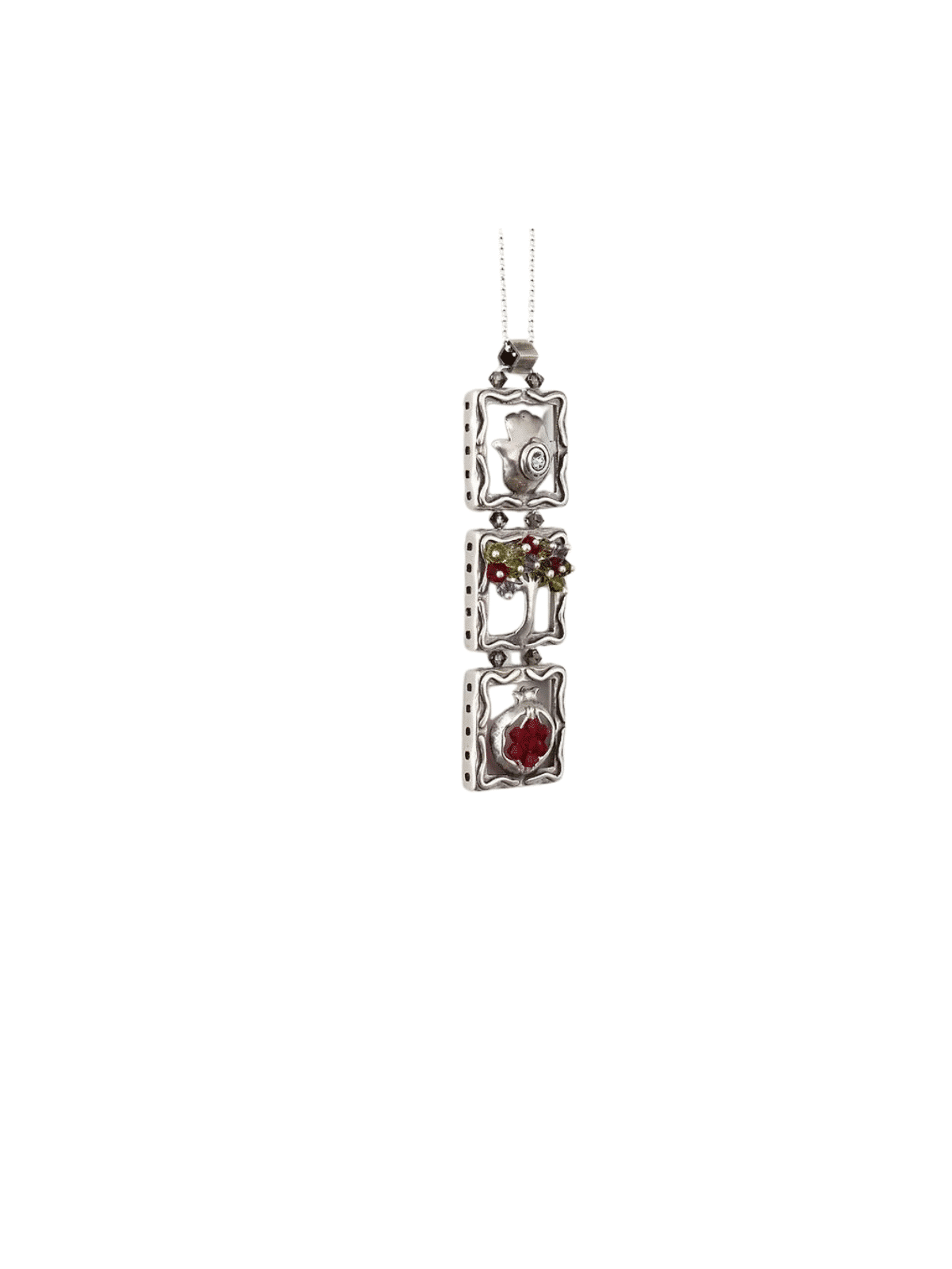 Tree, Hamsa and Pomegranate Silver Vertical Pendan , Sterling Silver F