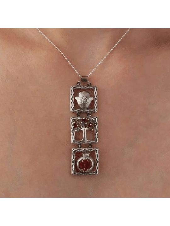 Tree, Hamsa and Pomegranate Silver Vertical Pendan , Sterling Silver F