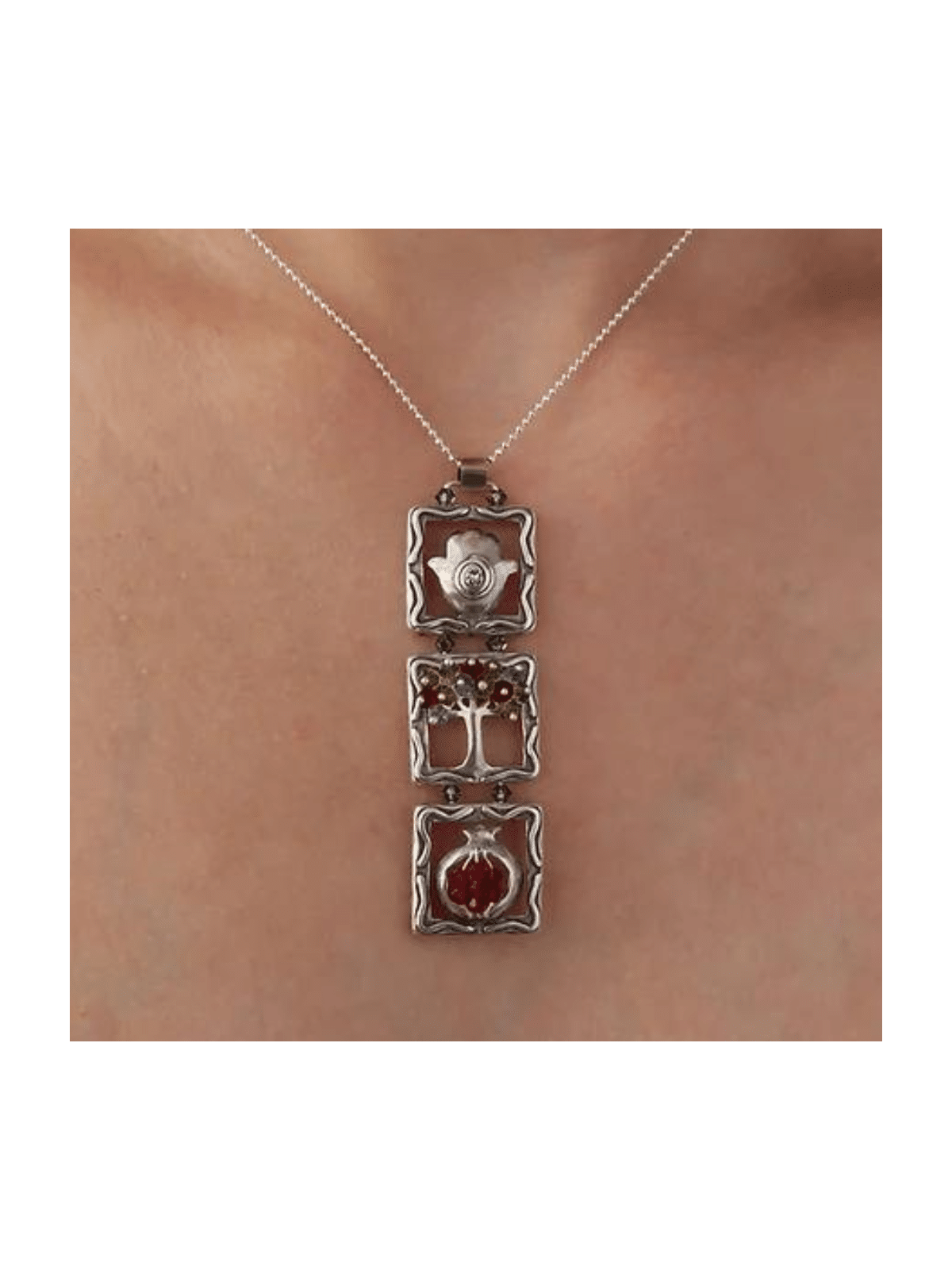 Pendentif vertical en argent arbre, Hamsa et grenade, argent sterling F
