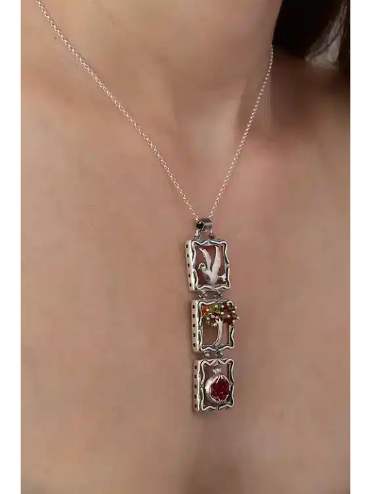 Tree, Hamsa and Pomegranate Silver Vertical Pendan , Sterling Silver F