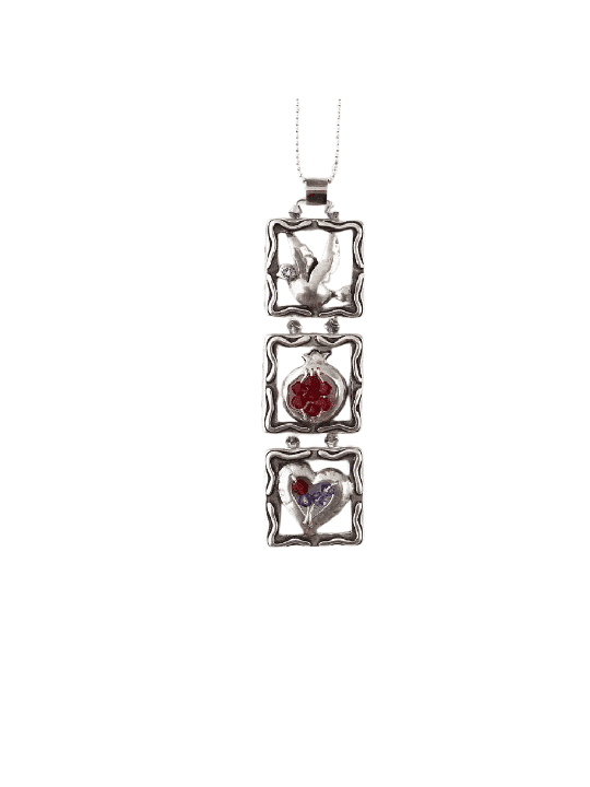 Heart and Dove Mobile-Shaped Pendant , Sterling Silver Family Necklace