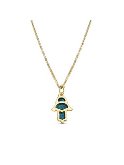 Minuscule pendentif Hamsa en or 14 carats avec couleur émail bleu, filigrane juif J