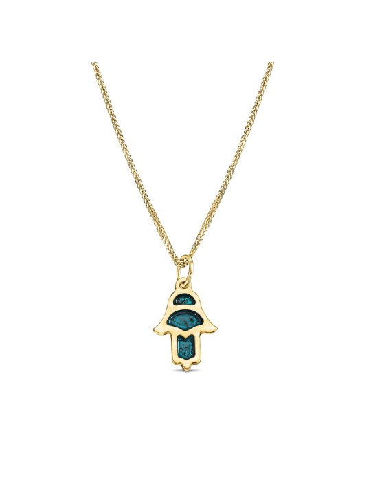 Minuscule pendentif Hamsa en or 14 carats avec couleur émail bleu, filigrane juif J