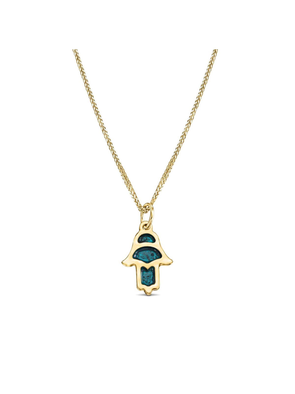 Minuscule pendentif Hamsa en or 14 carats avec couleur émail bleu, filigrane juif J