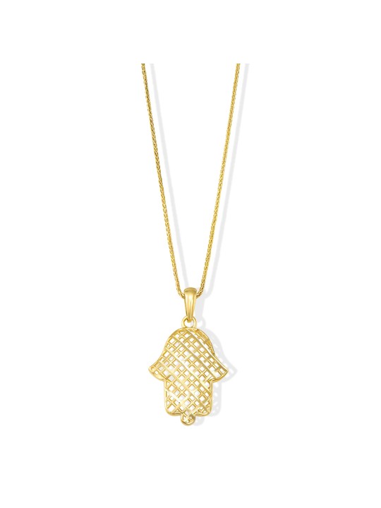 Collier Chai Hamsa en filigrane ouvert en or de grande taille 14 carats, filigrane juif J