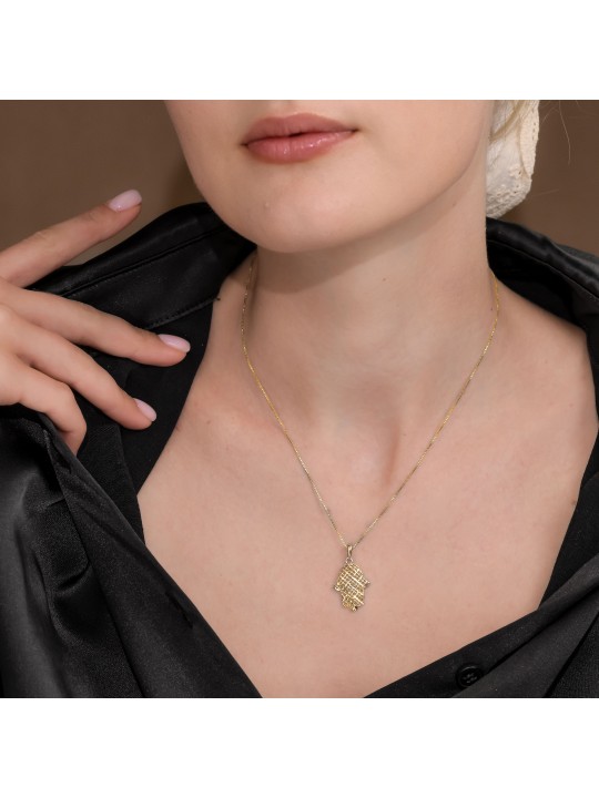 Collier Chai Hamsa en filigrane ouvert en or de grande taille 14 carats, filigrane juif J