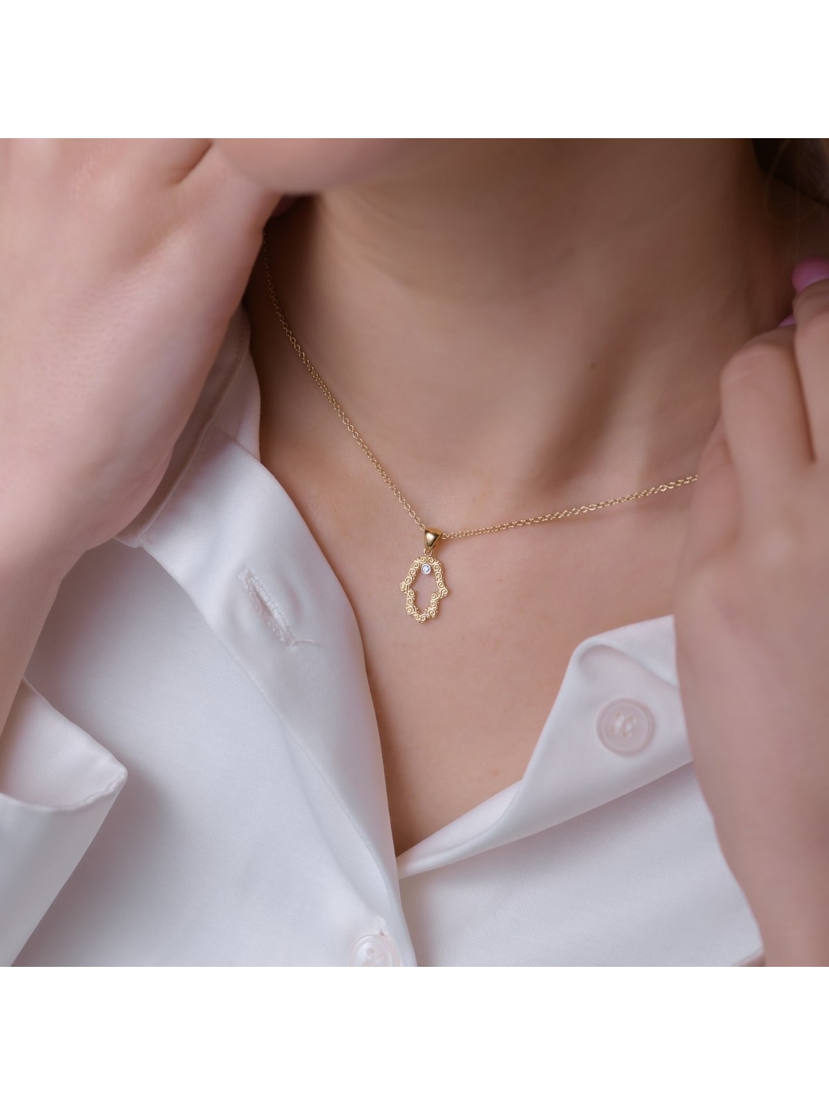 Petit pendentif Hamsa creux en or 14 carats avec solitaire, cadeaux Tu B'Av, I