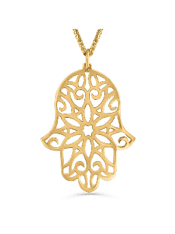 Large 14K Yellow Gold Filigree Hamsa Necklace , Jewish Wedding Gifts ,