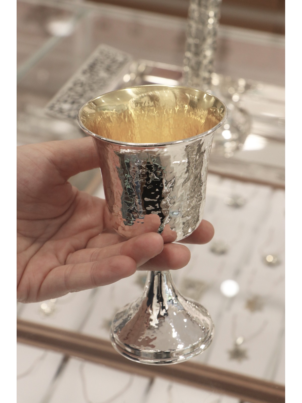 Coupe de Kiddouch classique martelée avec une tige, cadeaux de Pâque, Ju israélien
