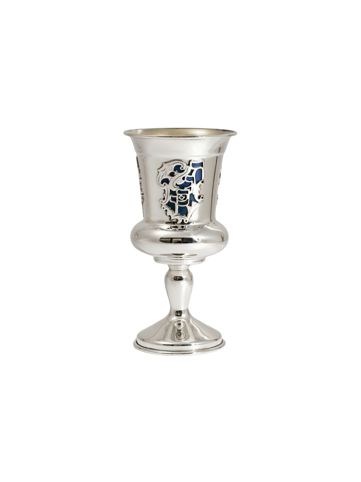 Coupe Eliyahu en argent émaillé bleu et sarcelle avec le W, Kiddush Cu moderne