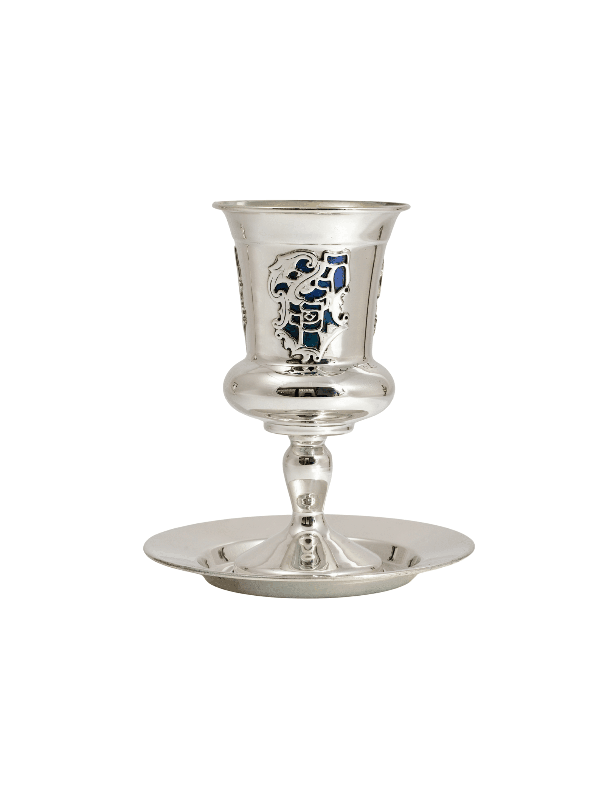 Blue and Teal Enamel Silver Eliyahu Cup with the W , Modern Kiddush Cu
