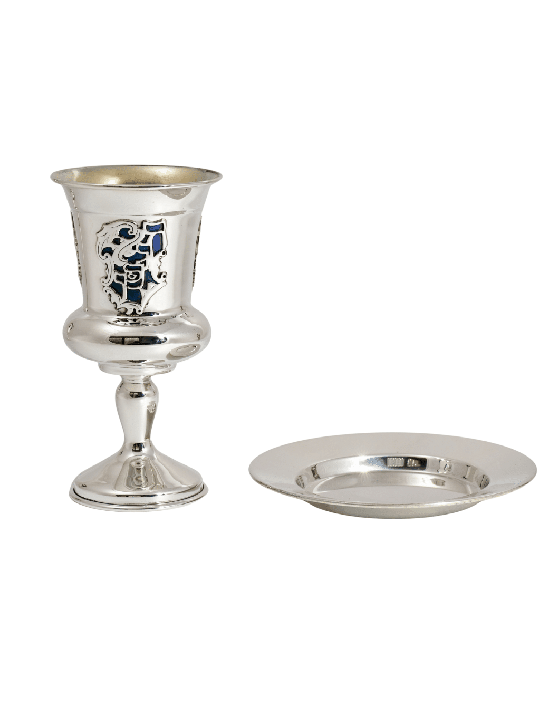 Coupe Eliyahu en argent émaillé bleu et sarcelle avec le W, Kiddush Cu moderne