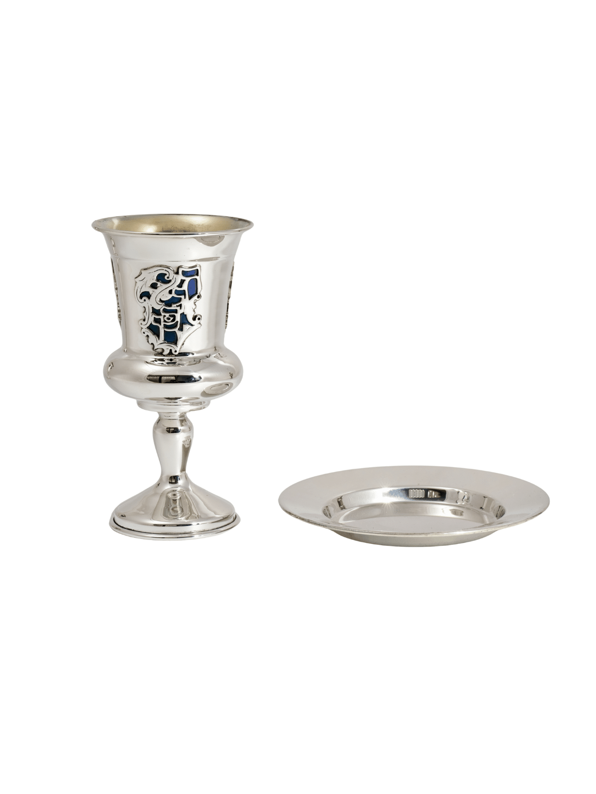 Coupe Eliyahu en argent émaillé bleu et sarcelle avec le W, Kiddush Cu moderne