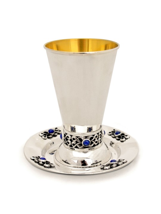 Silver Kiddush Cup Lapis Lazuli Stones , Passover Gifts , Israeli Juda